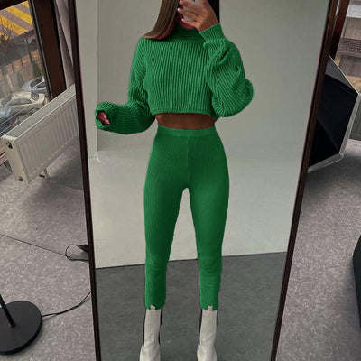 Turtleneck Cropped Knitted Women&#39;s Suit Sexy Long Sleeve High Waist Set Woman 2 Pieces 2022 Winter Lady Knit Streetwear Sets - Shoe Candy Shop