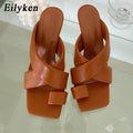 Eilyken High Quality Soft PU Leather Clip Toe  Women Slippers Summer Square Toe Sandals Stiletto Heels Ladies Dress Shoes - Shoe Candy Shop