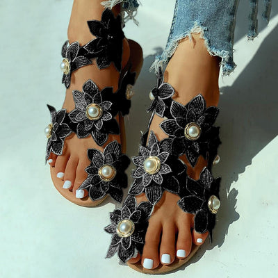 Women Sandals White Floral Flat Sandals - Shoe Candy Shop