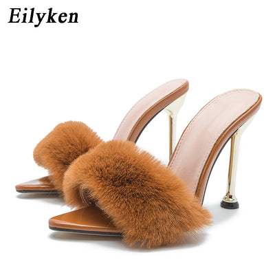 Fur Strappy Mule Heels - Shoe Candy Shop