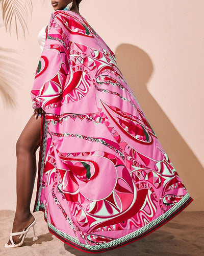 Women Open Long Loose Cardigan Top High Waist Abstract Print Batwing Sleeve Cardigan &amp; Shorts Set Shorts Summer Fashion - Shoe Candy Shop