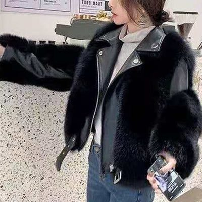 Top Fashion Luxury Faux Fox Fur Coat Motorcycle PU Leather Turn Down Collar Warm Faux Fur Jacket Ladies Winter New - Shoe Candy Shop