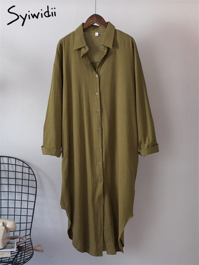 Syiwidii White Shirts Dress for Women Oversized Casual Cotton Loose Dresses Long Sleeve Button Up Blue Midi Long Blouses Dress - Shoe Candy Shop