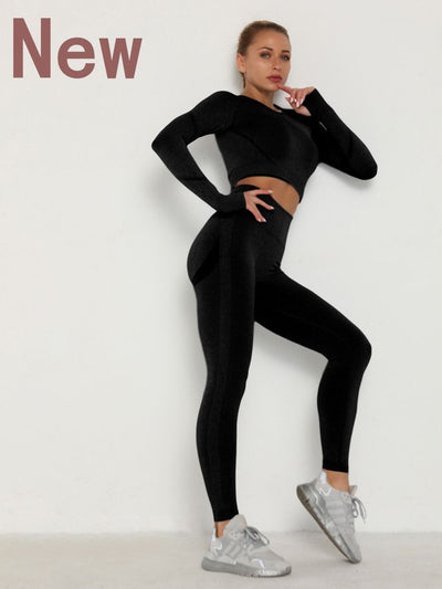 Women's Sets Skinny Tracksuit Breathable Bra Long Sleeve Top Seamless Outfits High Waist Push Up Leggings Gym Clothes Sport Suit - Shoe Candy Shop