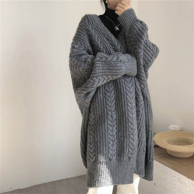 Women&#39;S Cardigan Sweater Long Outwear Knitwear Knit Chunky Long Sleeve Thick Loose Wool Sweater Twisted Rope Autumn Winter Coat - Shoe Candy Shop