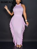 Women Sleeveless Bodycon Midi Dress Tassels Sexy Party Dress