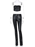 Hugcitar Sleeveless Solid Pu Leather Backless Tube Top Leggings 2 Pieces Set 2021 Autumn Winter Women Sexy Streetwear Tracksuit - Shoe Candy Shop