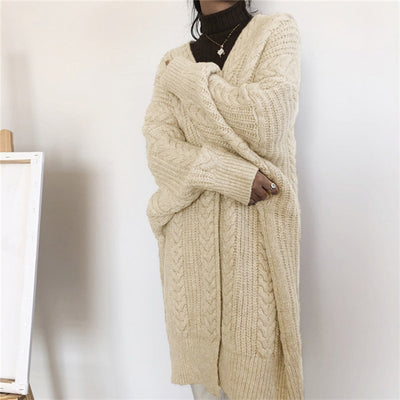 Women&#39;S Cardigan Sweater Long Outwear Knitwear Knit Chunky Long Sleeve Thick Loose Wool Sweater Twisted Rope Autumn Winter Coat - Shoe Candy Shop