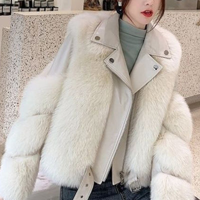 Top Fashion Luxury Faux Fox Fur Coat Motorcycle PU Leather Turn Down Collar Warm Faux Fur Jacket Ladies Winter New - Shoe Candy Shop