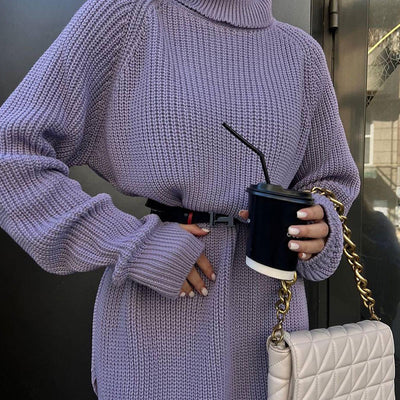 Turtleneck Split Women&#39;s Sweater Dress Loose Casual Long Sleeve Pullover  Ladies Sweaters Autumn Winter 2022 New Solid Dresses - Shoe Candy Shop