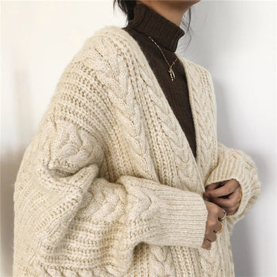 Women&#39;S Cardigan Sweater Long Outwear Knitwear Knit Chunky Long Sleeve Thick Loose Wool Sweater Twisted Rope Autumn Winter Coat - Shoe Candy Shop