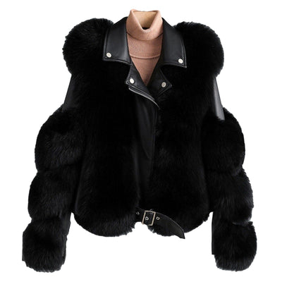 Top Fashion Luxury Faux Fox Fur Coat Motorcycle PU Leather Turn Down Collar Warm Faux Fur Jacket Ladies Winter New - Shoe Candy Shop