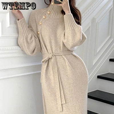 Sweaters Luxury Designer Turtle Autumn Winter Sweater Long Knitted Dress Rib Sleeve Belt Elegant Women Korean Sweater Wholesale - Shoe Candy Shop