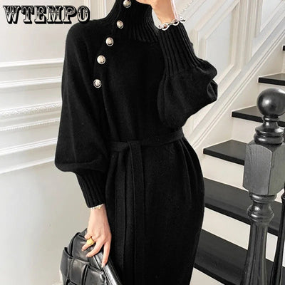 Sweaters Luxury Designer Turtle Autumn Winter Sweater Long Knitted Dress Rib Sleeve Belt Elegant Women Korean Sweater Wholesale - Shoe Candy Shop