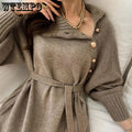Sweaters Luxury Designer Turtle Autumn Winter Sweater Long Knitted Dress Rib Sleeve Belt Elegant Women Korean Sweater Wholesale - Shoe Candy Shop