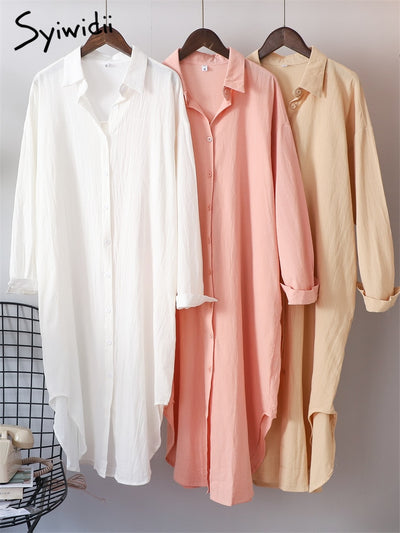 Syiwidii White Shirts Dress for Women Oversized Casual Cotton Loose Dresses Long Sleeve Button Up Blue Midi Long Blouses Dress - Shoe Candy Shop