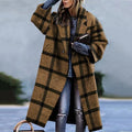 Women Vintage Long Sleeve Pocket Outwear Female Autumn Casual Loose Blend Wool Long Overcoat Ladies Notched Collar Plaid Coat - Shoe Candy Shop