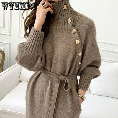 Sweaters Luxury Designer Turtle Autumn Winter Sweater Long Knitted Dress Rib Sleeve Belt Elegant Women Korean Sweater Wholesale - Shoe Candy Shop