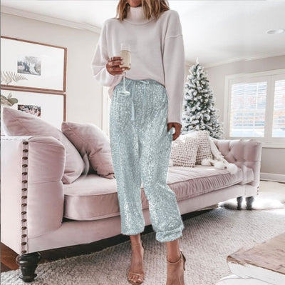 Gold Sequin Shiny Wide Leg Pants - Shoe Candy Shop