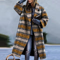 Women Vintage Long Sleeve Pocket Outwear Female Autumn Casual Loose Blend Wool Long Overcoat Ladies Notched Collar Plaid Coat - Shoe Candy Shop