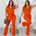 Spring and Summer Short-sleeved Two-piece Female Letter Zipper Top Flared Pants Two-piece Set