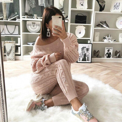 LW Plus Size Dropped Shoulder Knit Pants Set Women&#39;s Long Sleeve Knitted Casual Two-piece Sweater Long Sleeve Top Thick Sweaters - Shoe Candy Shop