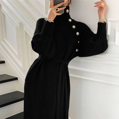 Turtleneck Sweaters Long Sleeves Dresses for Women Party Pullovers 2022 New Autumn Winter Button Skirts Ladies Female Clothing - Shoe Candy Shop