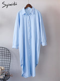 Syiwidii White Shirts Dress for Women Oversized Casual Cotton Loose Dresses Long Sleeve Button Up Blue Midi Long Blouses Dress - Shoe Candy Shop