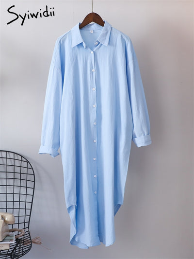 Syiwidii White Shirts Dress for Women Oversized Casual Cotton Loose Dresses Long Sleeve Button Up Blue Midi Long Blouses Dress - Shoe Candy Shop