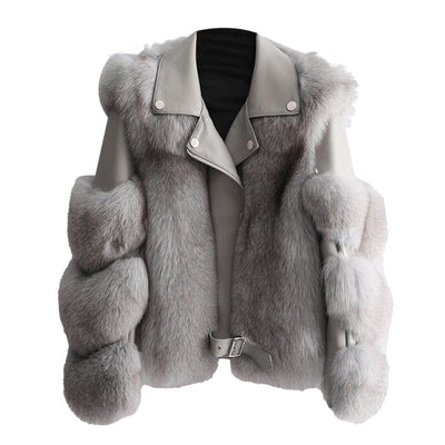 Top Fashion Luxury Faux Fox Fur Coat Motorcycle PU Leather Turn Down Collar Warm Faux Fur Jacket Ladies Winter New - Shoe Candy Shop