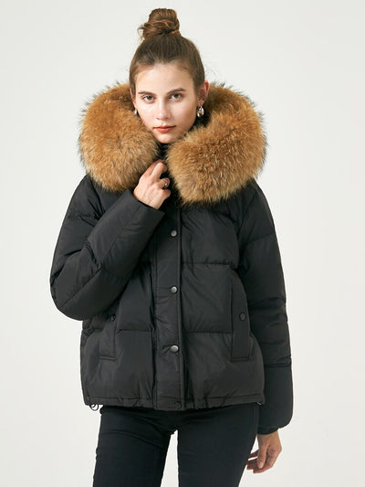 Janveny Big Natural Raccoon Fur Hooded Winter Down Jacket Women Short Puffer Fluffy Coat Female 90% Duck Down Thick Bread Parkas - Shoe Candy Shop