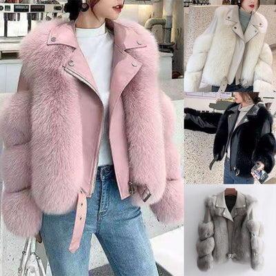 Top Fashion Luxury Faux Fox Fur Coat Motorcycle PU Leather Turn Down Collar Warm Faux Fur Jacket Ladies Winter New - Shoe Candy Shop