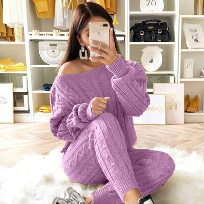 LW Plus Size Dropped Shoulder Knit Pants Set Women&#39;s Long Sleeve Knitted Casual Two-piece Sweater Long Sleeve Top Thick Sweaters - Shoe Candy Shop