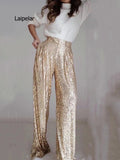 New Spring Women Wide Leg Pants High Waist Sequins Long Pants Loose Women Trousers Office Ladies Elegant Pants - Shoe Candy Shop