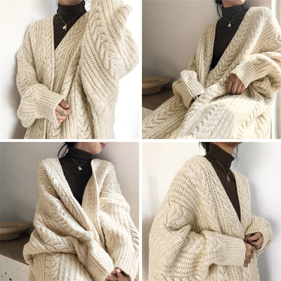 Women&#39;S Cardigan Sweater Long Outwear Knitwear Knit Chunky Long Sleeve Thick Loose Wool Sweater Twisted Rope Autumn Winter Coat - Shoe Candy Shop