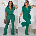 Spring and Summer Short-sleeved Two-piece Female Letter Zipper Top Flared Pants Two-piece Set