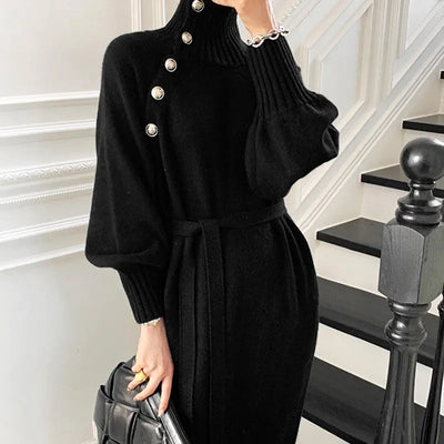 Sweaters Luxury Designer Turtle Autumn Winter Sweater Long Knitted Dress Rib Sleeve Belt Elegant Women Korean Sweater Wholesale - Shoe Candy Shop