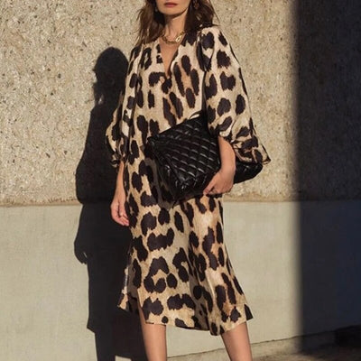 Leopard Print V Neck Long Dress - Shoe Candy Shop