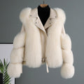 Top Fashion Luxury Faux Fox Fur Coat Motorcycle PU Leather Turn Down Collar Warm Faux Fur Jacket Ladies Winter New - Shoe Candy Shop