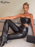 Hugcitar Sleeveless Solid Pu Leather Backless Tube Top Leggings 2 Pieces Set 2021 Autumn Winter Women Sexy Streetwear Tracksuit - Shoe Candy Shop