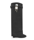 Women Fashion Shark Lock Knee High Boots Folded Leather Wedge Heel Lncreasing Double Barrel Straight Multicolor Fashion Boots - Shoe Candy Shop