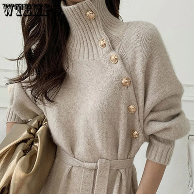 Sweaters Luxury Designer Turtle Autumn Winter Sweater Long Knitted Dress Rib Sleeve Belt Elegant Women Korean Sweater Wholesale - Shoe Candy Shop