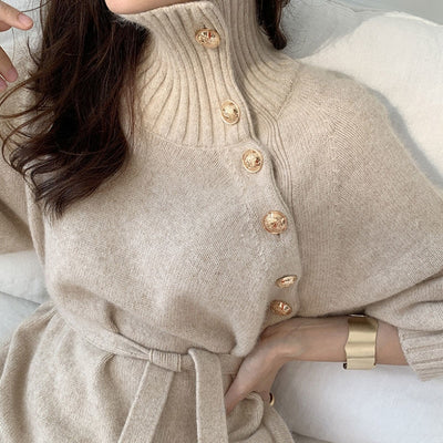 Turtleneck Sweaters Long Sleeves Dresses for Women Party Pullovers 2022 New Autumn Winter Button Skirts Ladies Female Clothing - Shoe Candy Shop