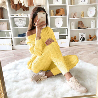 LW Plus Size Dropped Shoulder Knit Pants Set Women&#39;s Long Sleeve Knitted Casual Two-piece Sweater Long Sleeve Top Thick Sweaters - Shoe Candy Shop