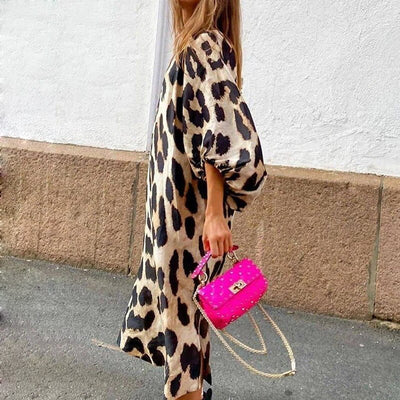 Leopard Print V Neck Long Dress - Shoe Candy Shop