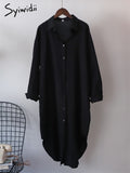 Syiwidii White Shirts Dress for Women Oversized Casual Cotton Loose Dresses Long Sleeve Button Up Blue Midi Long Blouses Dress - Shoe Candy Shop