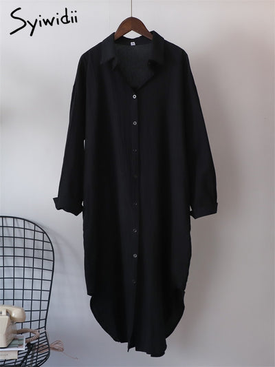 Syiwidii White Shirts Dress for Women Oversized Casual Cotton Loose Dresses Long Sleeve Button Up Blue Midi Long Blouses Dress - Shoe Candy Shop