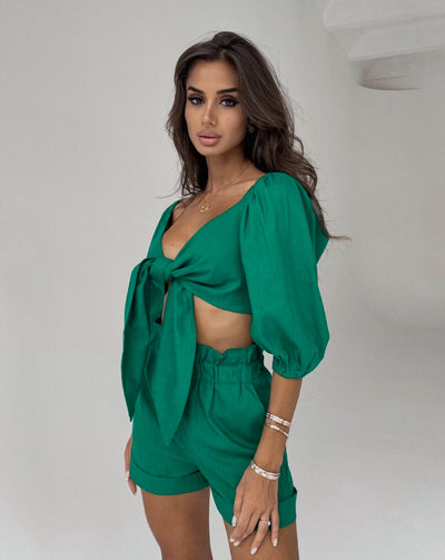 Two Piece Balloon Sleeve Cardigan Casual Shorts - Shoe Candy Shop