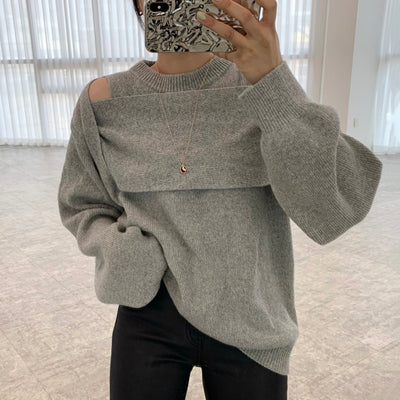 Layered Hollow Out Shoulder Stitching Design Sweater Women - Shoe Candy Shop