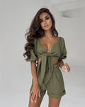 Two Piece Balloon Sleeve Cardigan Casual Shorts - Shoe Candy Shop